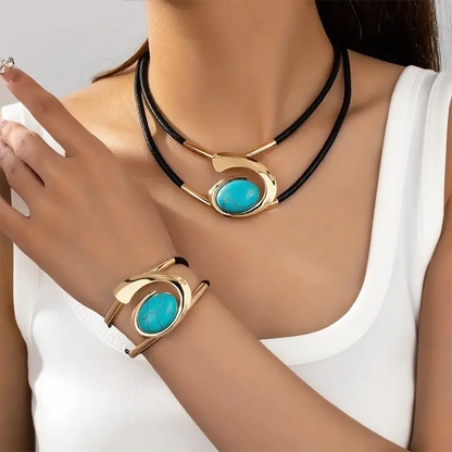 Boho Jewelry Set with Necklace Bracelet and Earrings Layered Geometric Design Faux Leather Cord Adjustable Metal Accents for Women Girls Fes