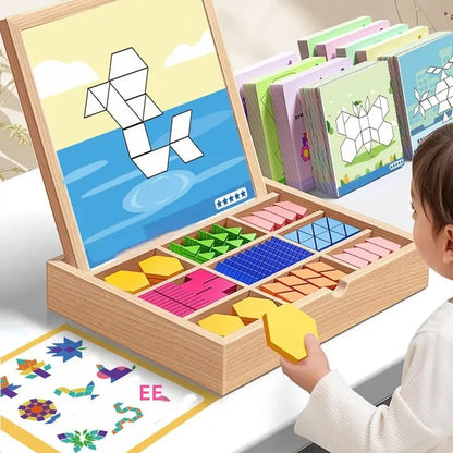 Wooden Magnetic Pattern Puzzle Game for Kids – 180 or 220 Colorful Shape Tiles with Design Cards – STEM Learning Toy for Creativity & Logic