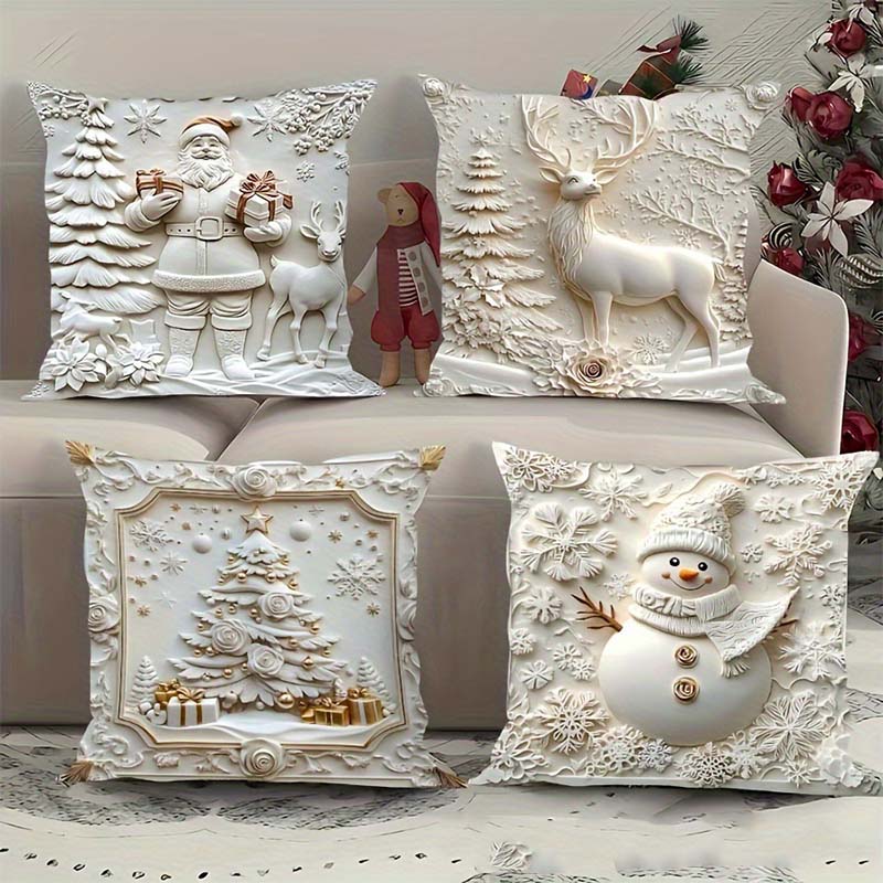 Holiday Throw Pillow Covers Set of 4 - Christmas Decorative Cushion Cases with Santa, Snowman, Tree & Reindeer Designs for Couch, Sofa, Bedr