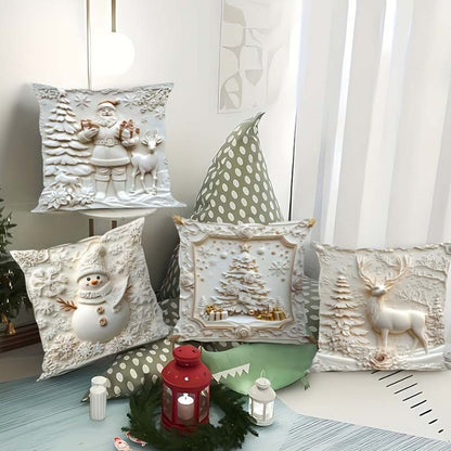 Holiday Throw Pillow Covers Set of 4 - Christmas Decorative Cushion Cases with Santa, Snowman, Tree & Reindeer Designs for Couch, Sofa, Bedr