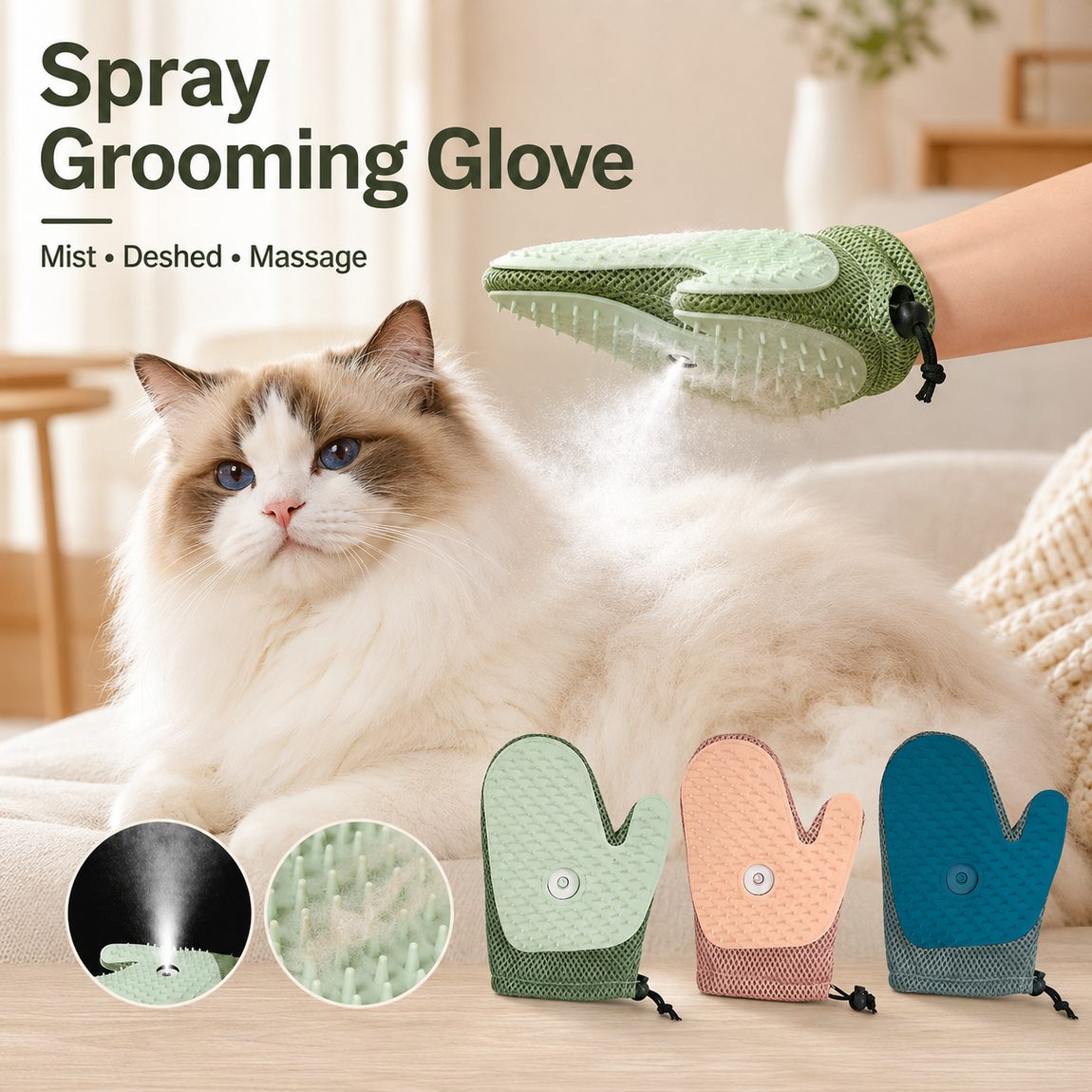 Ortekor Spray Pet Grooming Glove for Cats & Dogs - No-Bath Deshedding, Gentle Massage & Sofa Hair Cleanup