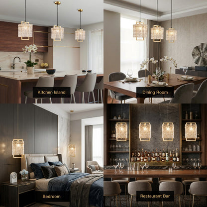 Square Cage Pendant Light Fixture with Textured Glass Shade & Gold Frame for Dining Room, Kitchen Island, Bedroom