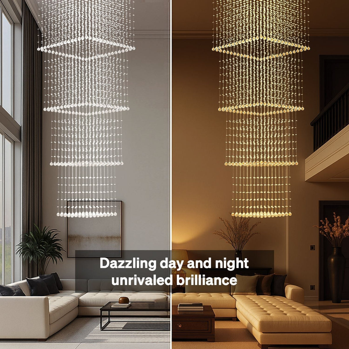 Tiered Raindrop Chandelier for High Ceilings | Stainless Steel Square Frame | GU10 LED Foyer Staircase Lighting | Chrome Finish Multi-Level
