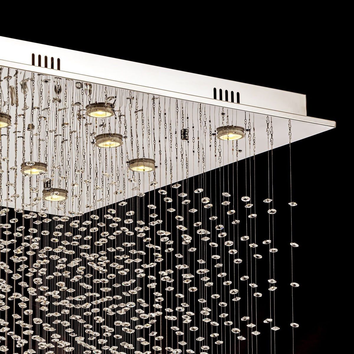 Tiered Square Crystal Chandelier with Cascading Raindrop Pendants for High Ceilings – Chrome Stainless Steel Frame for Foyer Stairway