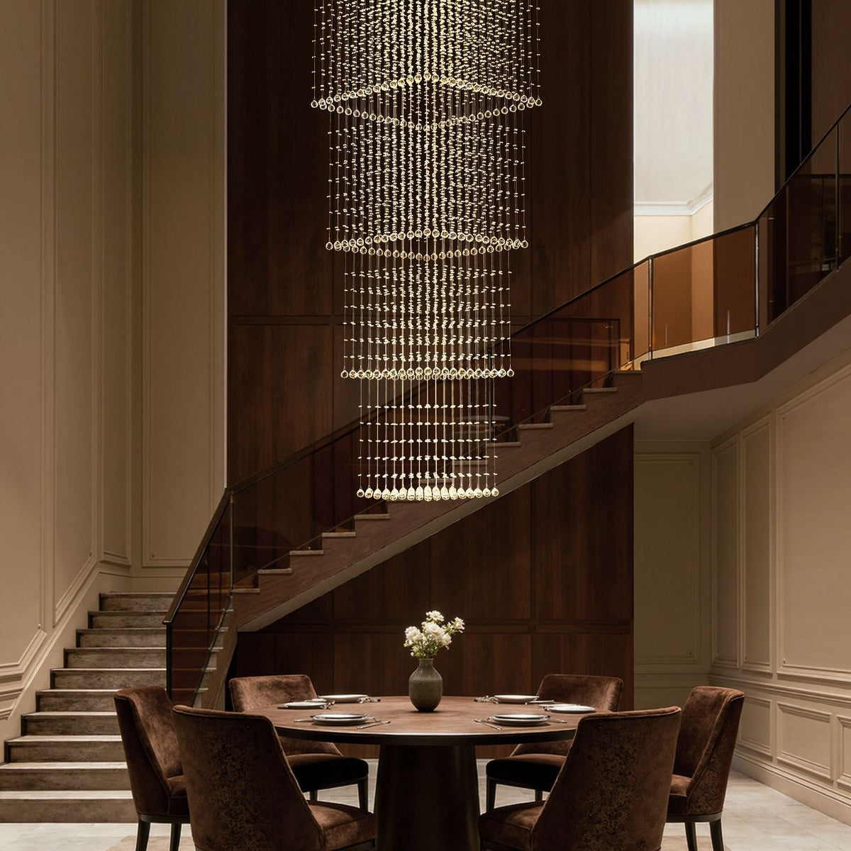 Tiered Square Crystal Chandelier with Cascading Raindrop Pendants for High Ceilings – Chrome Stainless Steel Frame for Foyer Stairway