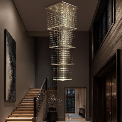 Tiered Square Crystal Chandelier with Cascading Raindrop Pendants for High Ceilings – Chrome Stainless Steel Frame for Foyer Stairway