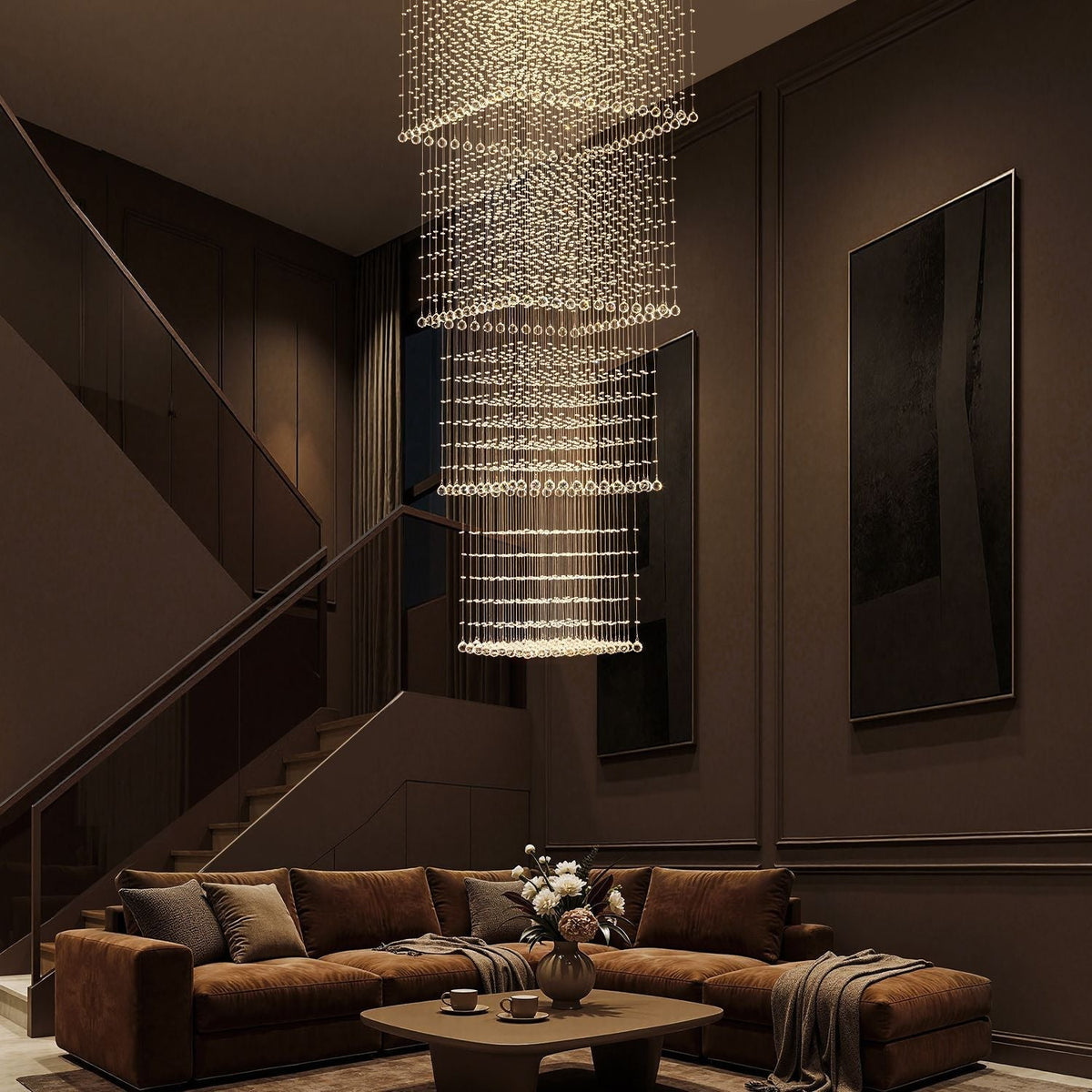 Tiered Raindrop Chandelier for High Ceilings | Stainless Steel Square Frame | GU10 LED Foyer Staircase Lighting | Chrome Finish Multi-Level