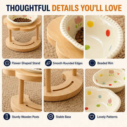 Ortekor Elevated Ceramic Pet Bowl with Wooden Stand for Cats & Small Dogs
