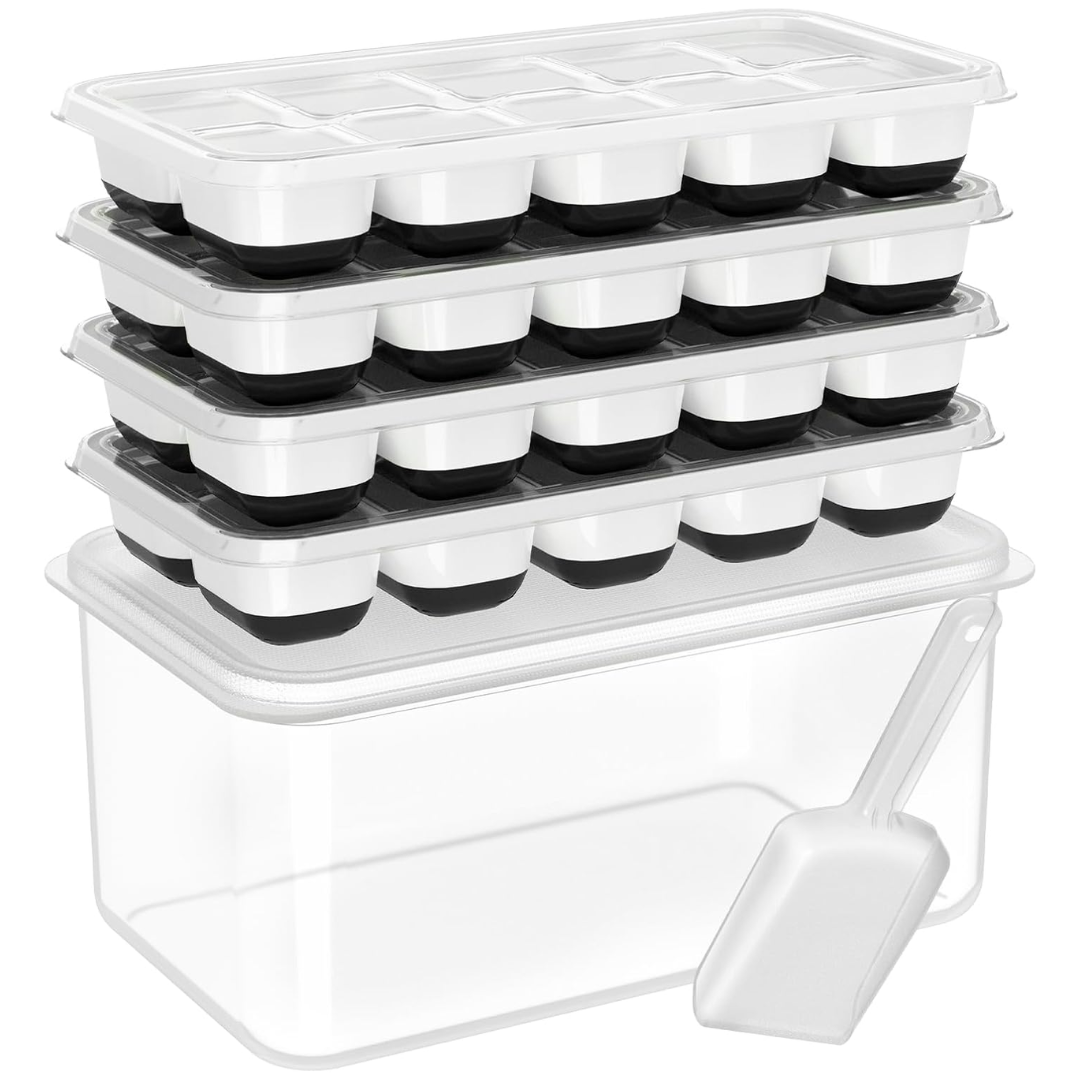 Flexible Silicone Ice Cube Trays with Lid and Storage Container for Freezer Space-Saving Organization