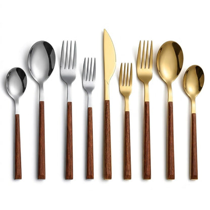 30-Piece Flatware Set Wood-Effect Handles Gold & Silver Finish for 6 Service for Family Dining Everyday Tableware Dinnerware