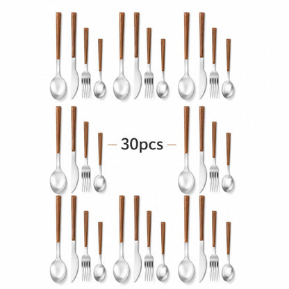 30-Piece Flatware Set Wood-Effect Handles Gold & Silver Finish for 6 Service for Family Dining Everyday Tableware Dinnerware