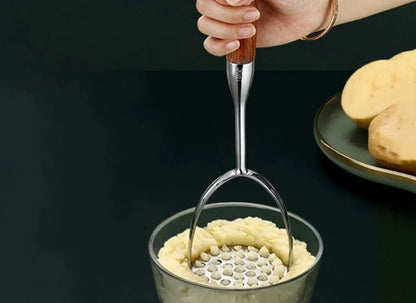 Hand Potato Masher Tool Steel Head Wood Grip Kitchen Utensil for Mashed Potatoes Vegetables Cooked Foods Puree Prep Home Cooking