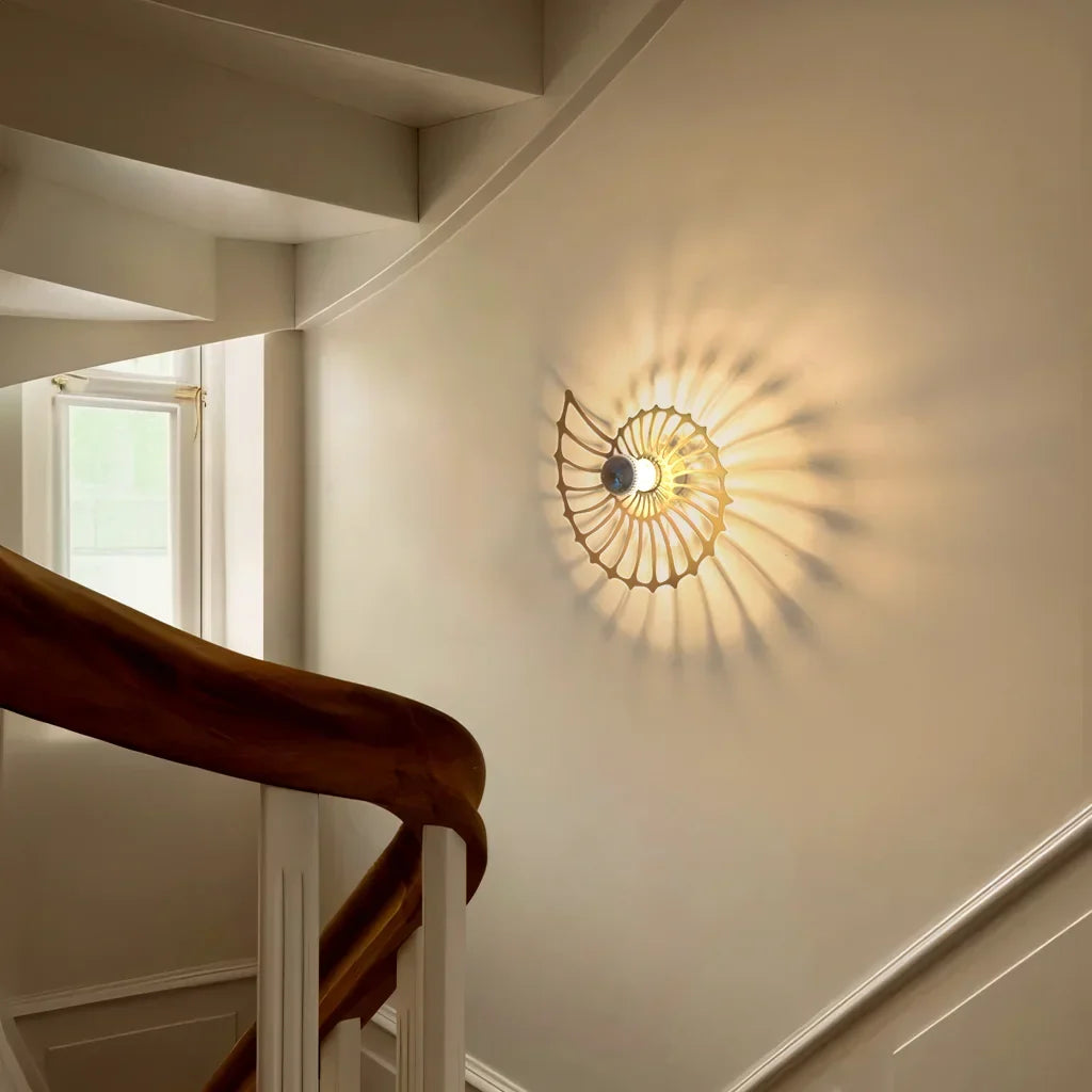 Spiral Shell Accent Sconce with LED – Handcrafted Ceramic & Wood Fixture in Gold or Black for Entryways, Bedrooms & Hallways
