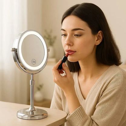 Rechargeable Vanity Mirror with 10X Magnification & Adjustable Height for Countertop Makeup Application