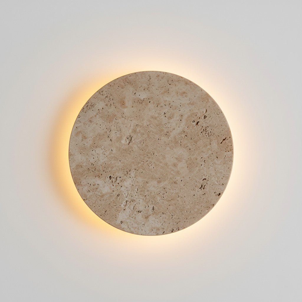 Travertine Circle Sconce for Bedrooms & Hallways – LED Ambient Lighting Fixture with Adjustable Color Temperature