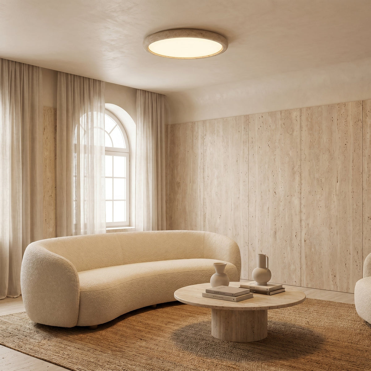 Natural Travertine Stone Ceiling Light – Round Flush Mount Fixture, Warm LED Glow for Bedroom, Living Room & Modern Interiors