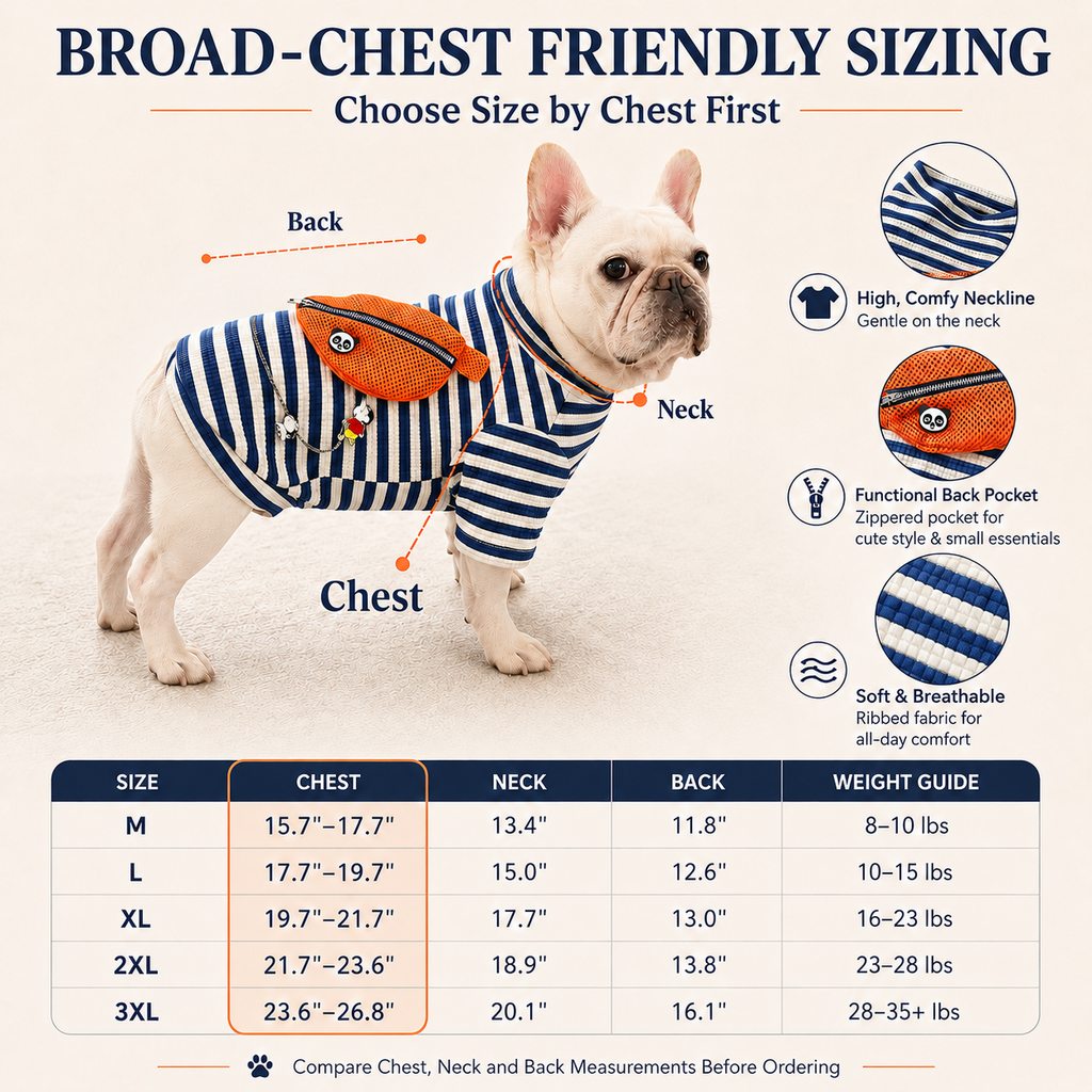 Ortekor French Bulldog Striped Pocket Pullover for Cool Indoor Spaces & Easy Walks - Broad-Chest Sizing