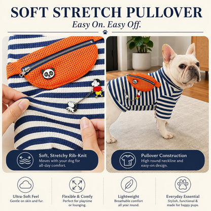 Ortekor French Bulldog Striped Pocket Pullover for Cool Indoor Spaces & Easy Walks - Broad-Chest Sizing