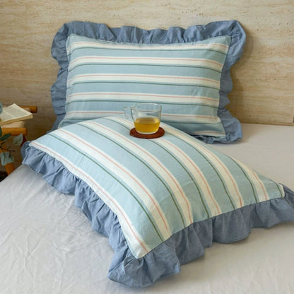 Queen Microfiber Pillowcase with Ruffle Trim & Zipper Closure – Vintage Stripe Pattern for Bedroom Décor – Soft Breathable Fabric