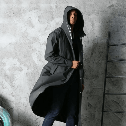 Full-Length Waterproof Hooded Rain Jacket for Adults – Lightweight Foldable Travel Coat for Men & Women – Black