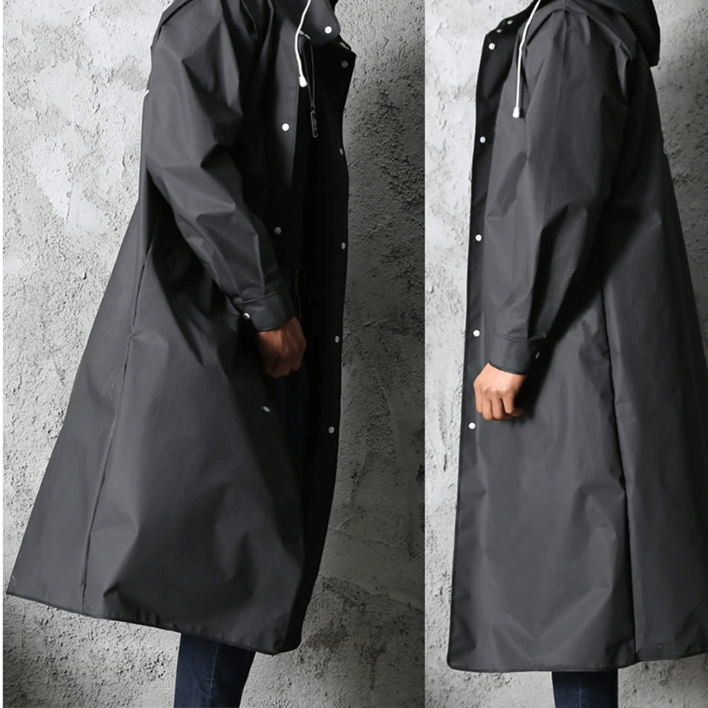 Full-Length Waterproof Hooded Rain Jacket for Adults – Lightweight Foldable Travel Coat for Men & Women – Black