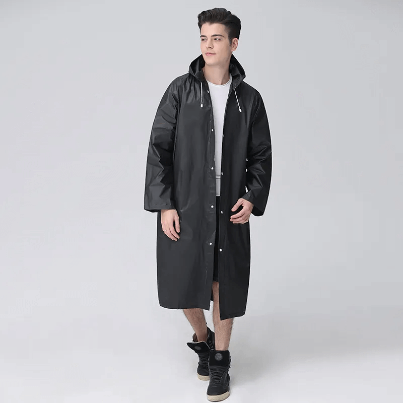 Full-Length Waterproof Hooded Rain Jacket for Adults – Lightweight Foldable Travel Coat for Men & Women – Black