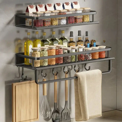 Metal Wall Shelf Organizer with Hooks Black 20 inch for Spices Utensils Towels Kitchen Storage Rack Countertop Space Saver