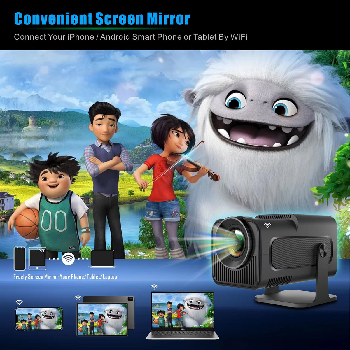 Portable Mini Projector 1080p Full HD Android WiFi LED Home Theater Up to 150 Inch Screen for Indoor Outdoor Movies Gaming