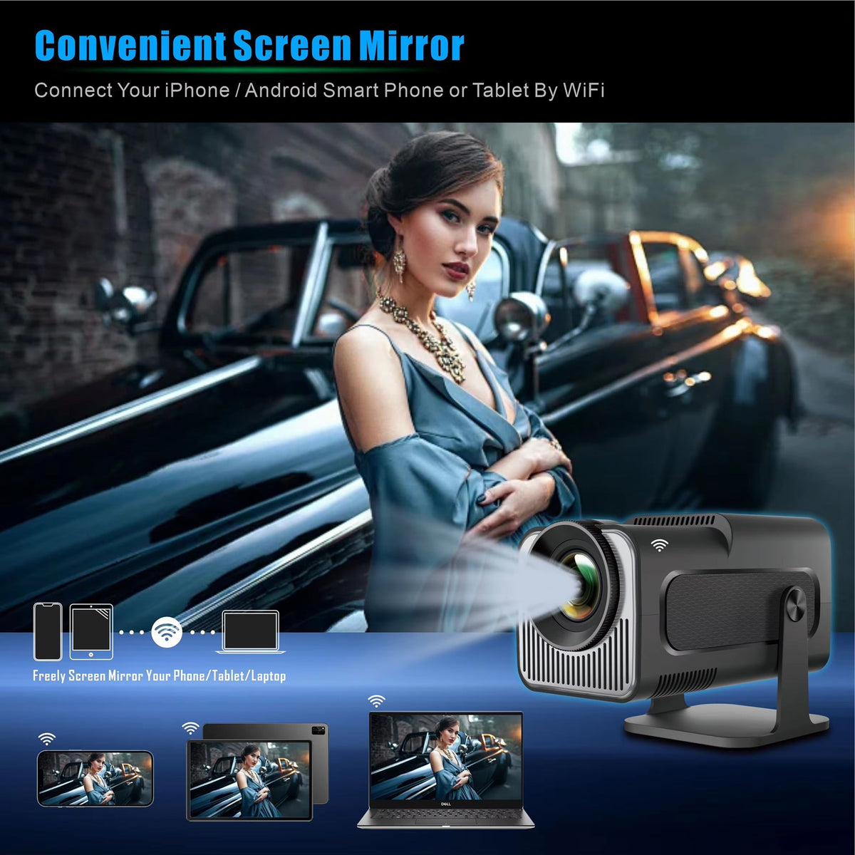 Portable Mini Projector 1080p Full HD Android WiFi LED Home Theater Up to 150 Inch Screen for Indoor Outdoor Movies Gaming