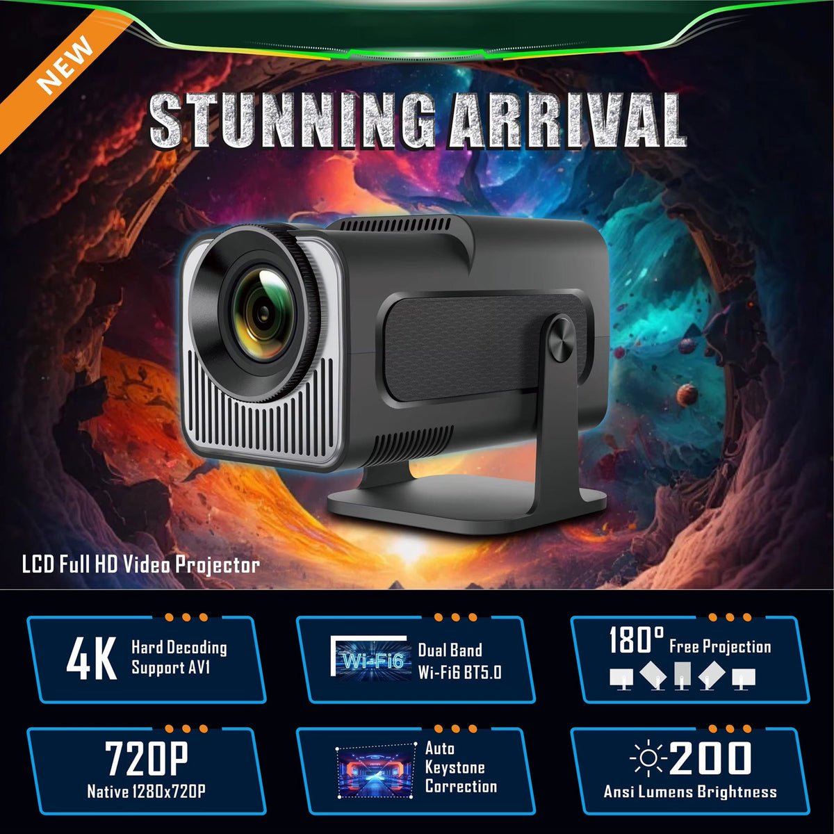 Portable Mini Projector 1080p Full HD Android WiFi LED Home Theater Up to 150 Inch Screen for Indoor Outdoor Movies Gaming