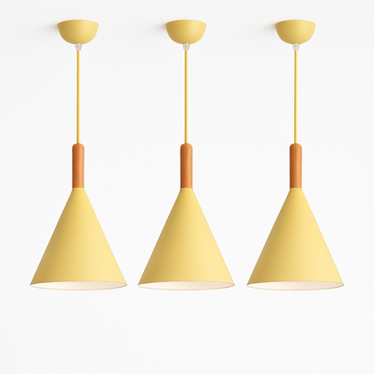 Cone Hanging Lamp with Wood Accent and 47-Inch Adjustable Cord for Kitchens, Dining Tables, Breakfast Nooks, Modern Farmhouse Overhead Task