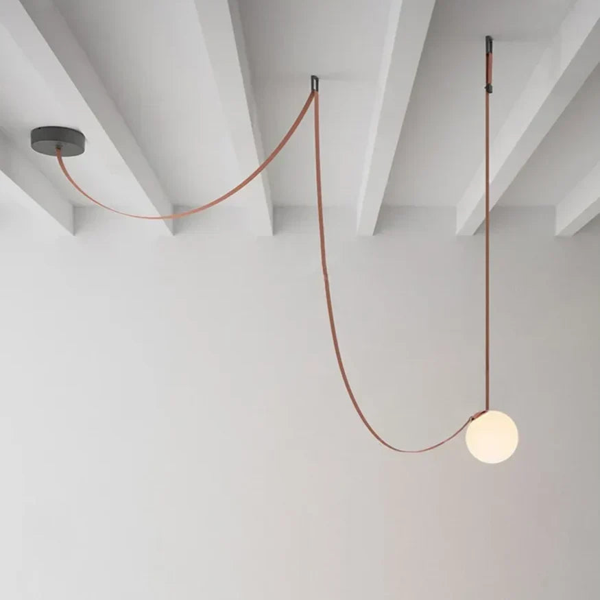 Frosted Glass Globe Hanging Light with Leather Cord Suspension for Dining Room & Living Room | Adjustable Height Ceiling Fixture | E27 Socke
