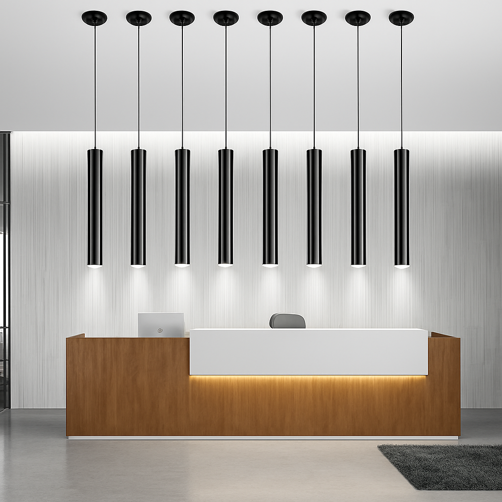 Modern Cylindrical LED Pendant Light — Sleek Slim Black Metal Hanging Fixture for Dining Room, Kitchen Island & Bar