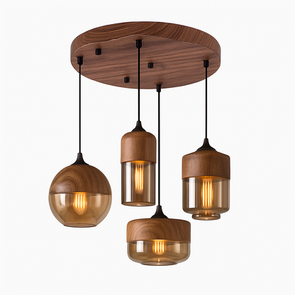 Industrial Wood & Glass Hanging Pendant Light with Metal Accents for Dining Room, Kitchen Island & Living Room