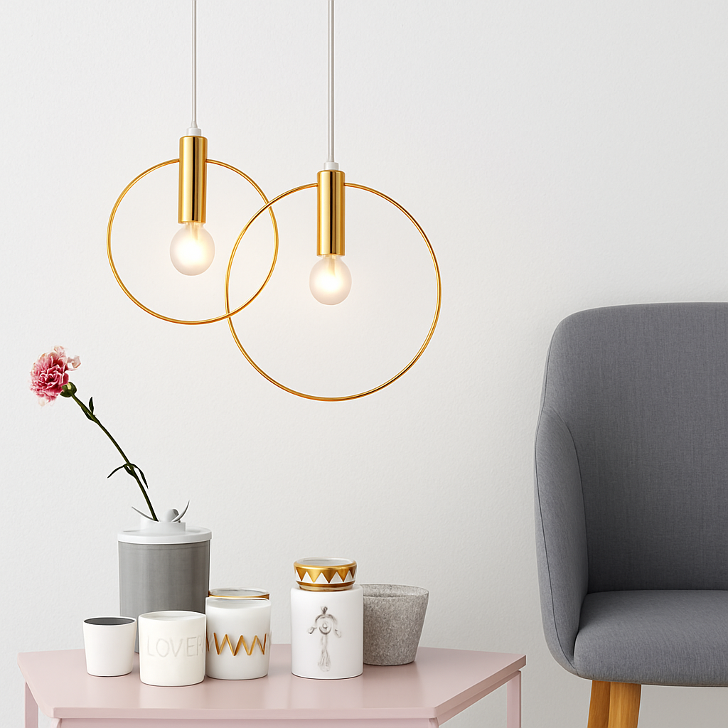 Circular Gold LED Pendant Light | Modern Round Hanging Fixture for Dining Room, Living Room & Bedroom | Geometric Metal Ceiling Lamp