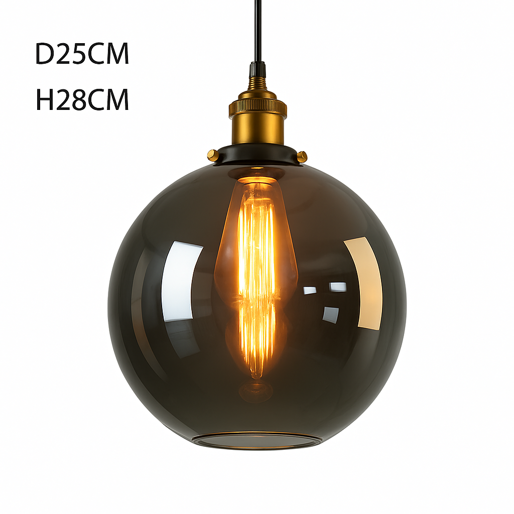 Smoked Glass Pendant Light with Iron Hardware – Vintage Hanging Ceiling Fixture for Dining Room, Kitchen, Bedroom & Living Room – E27