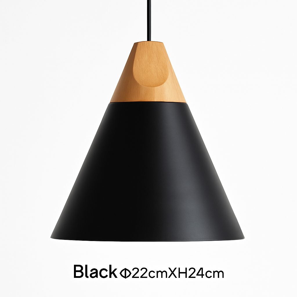 Modern Cone Pendant Light with Wood & Aluminum | Scandinavian Style Hanging Fixture for Dining Room Kitchen | E27 Socket | Contemporary