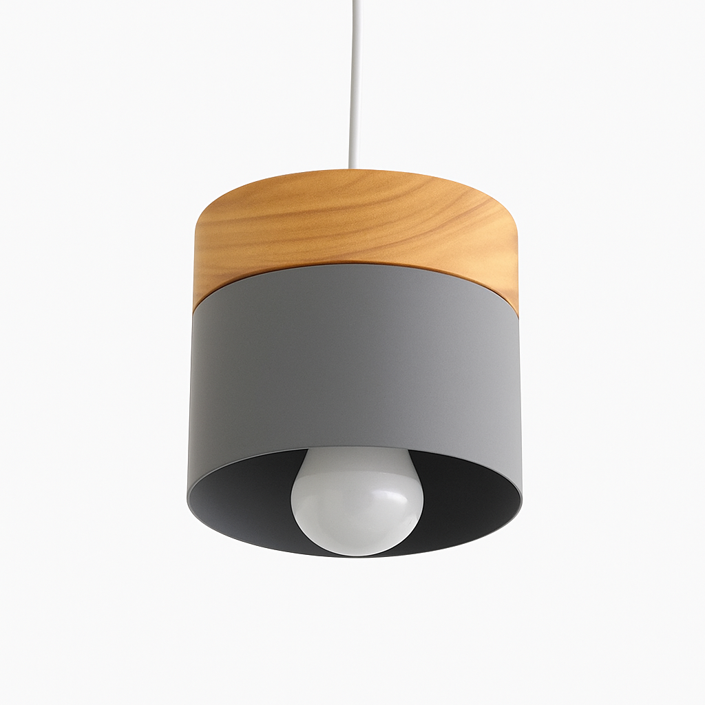 Cylinder Pendant Light with Wood Top and Metal Shade for Kitchen Island | Modern Scandinavian Hanging Fixture with Adjustable Cord for