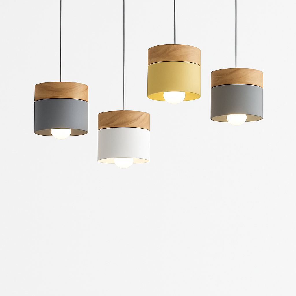 Cylinder Pendant Light with Wood Top and Metal Shade for Kitchen Island | Modern Scandinavian Hanging Fixture with Adjustable Cord for