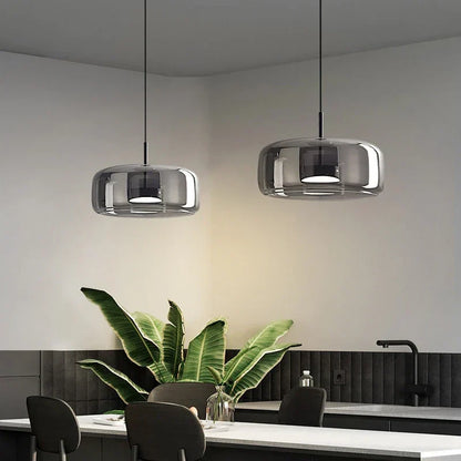 Glass Drop Ceiling Fixture 40 in Adjustable Height Cognac Smoke Gray Over Island Dining Table Modern Nordic Minimalist Hanging Lamp Bedroom
