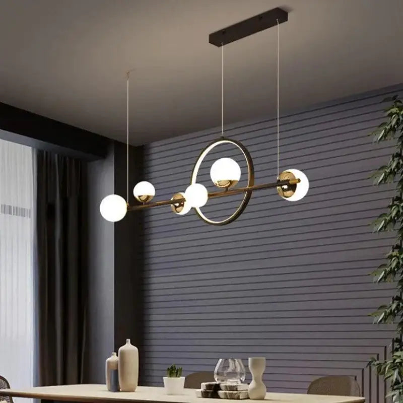 Linear Dining Room Chandelier Black Aluminum 6-Globe Adjustable LED Fixture 44 Inch for Modern Kitchen Island Living Space