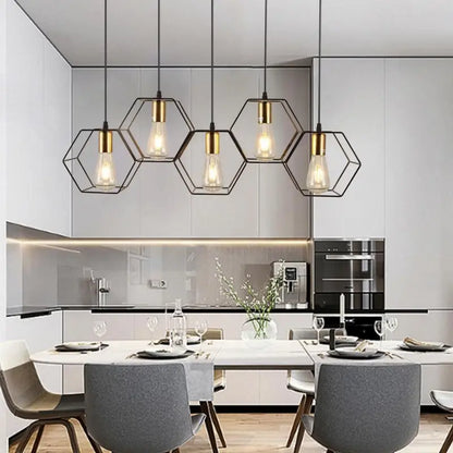 Geometric Metal Hanging Lamp with 35 LED Points – Black Honeycomb Fixture for Kitchen Island & Dining Areas – Adjustable Drop Ceiling Light