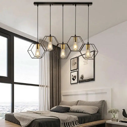 Geometric Metal Hanging Lamp with 35 LED Points – Black Honeycomb Fixture for Kitchen Island & Dining Areas – Adjustable Drop Ceiling Light