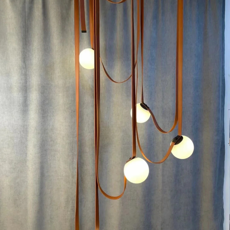 Frosted Glass Globe Hanging Light with Leather Cord Suspension for Dining Room & Living Room | Adjustable Height Ceiling Fixture | E27 Socke
