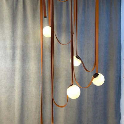 Frosted Glass Globe Hanging Light with Leather Cord Suspension for Dining Room & Living Room | Adjustable Height Ceiling Fixture | E27 Socke