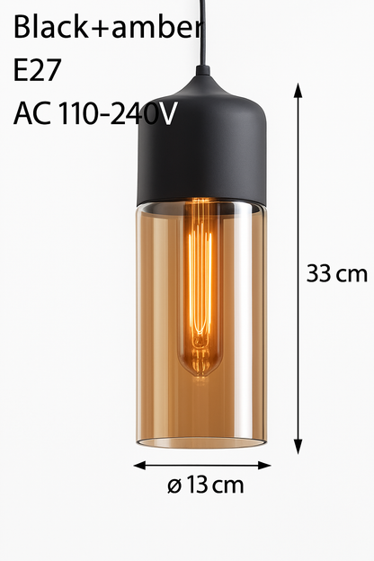 Industrial Glass & Metal Pendant Light for Kitchen Island, Dining Room & Bar | Modern Loft Hanging Fixture with Cord, E27 Socket, Amber or