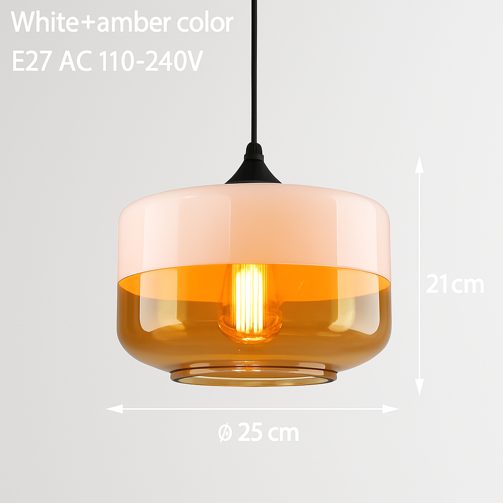 Industrial Glass & Metal Pendant Light for Kitchen Island, Dining Room & Bar | Modern Loft Hanging Fixture with Cord, E27 Socket, Amber or