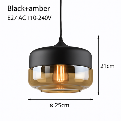 Industrial Glass & Metal Pendant Light for Kitchen Island, Dining Room & Bar | Modern Loft Hanging Fixture with Cord, E27 Socket, Amber or