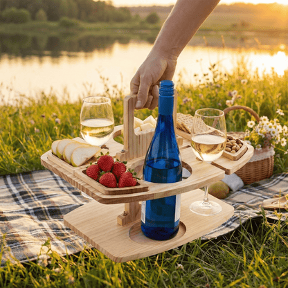 Portable Wooden Wine Serving Caddy with Glass Holders for Picnics, Patio & Balcony Entertaining