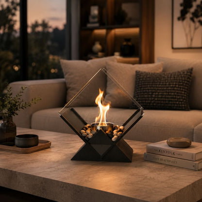 Ethanol Tabletop Fireplace Glass Enclosure Indoor Outdoor Portable Fire Bowl Centerpiece for Dining Table Patio Balcony